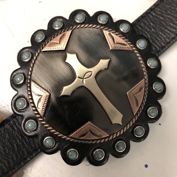 3D LEATHER BELT Cross MEDALLIONS Women’s Size L Large 34-39” Cats Eye Stones New main image 11